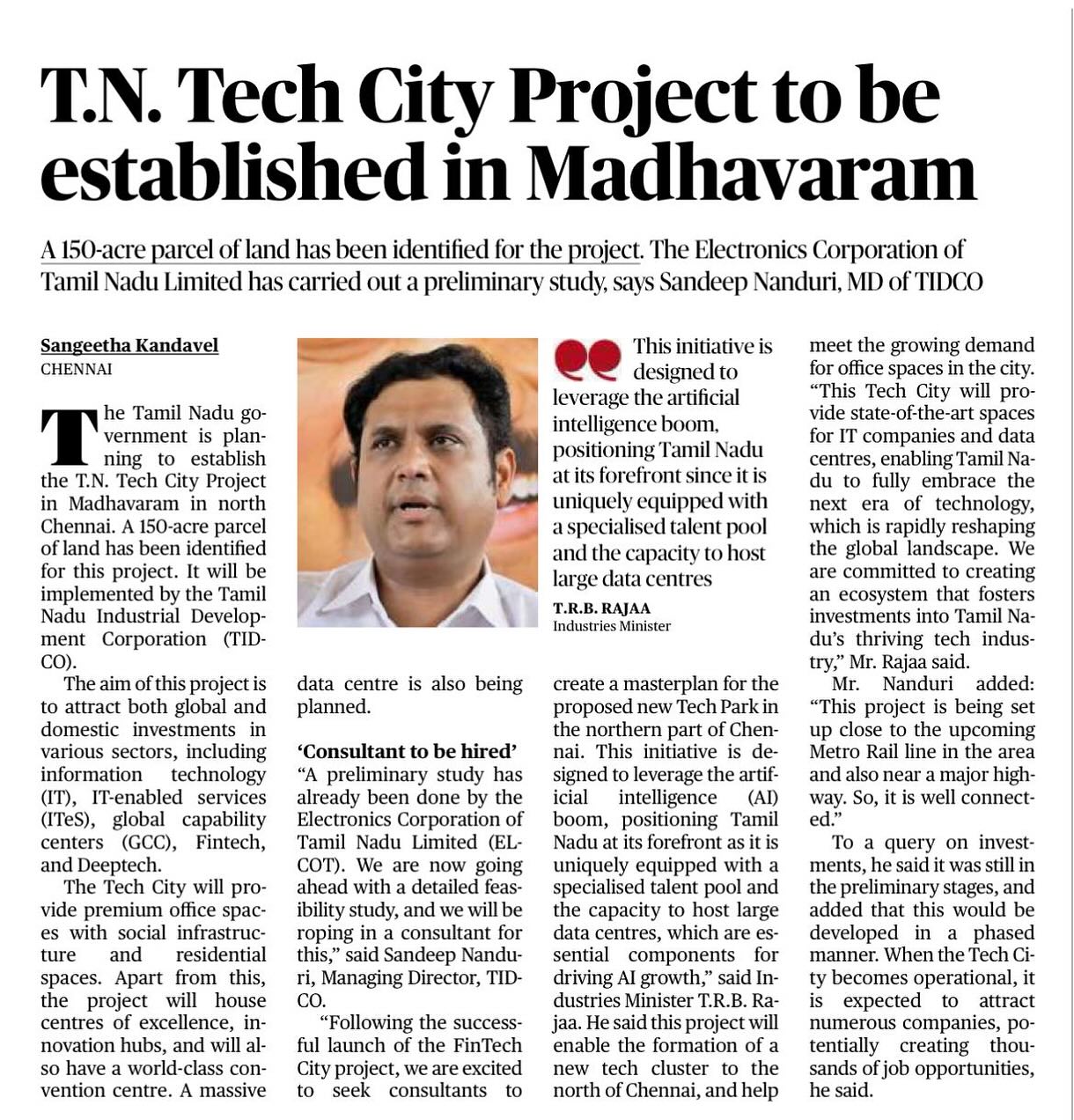TN Govt to setup Tech City Project in the State by TIDCO